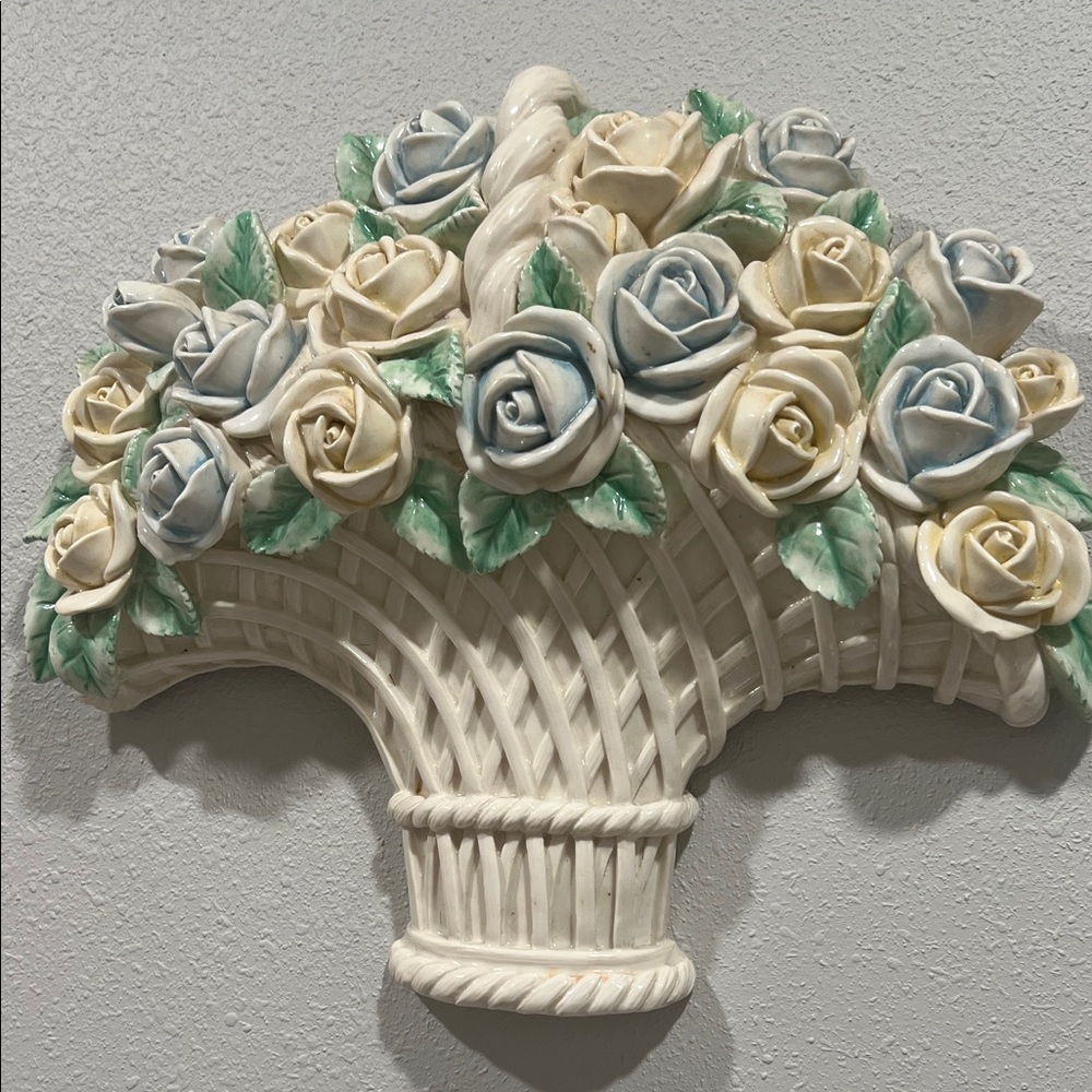 Floral Basket Wall Decor in Cream and Blue